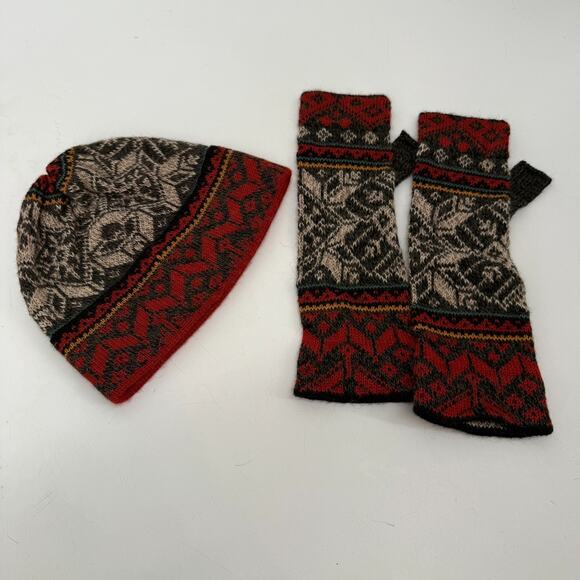 Invisible World Alpaca Beanie Hat & Fingerless Gloves Set M Red Gray Fair Isle - Picture 1 of 7
